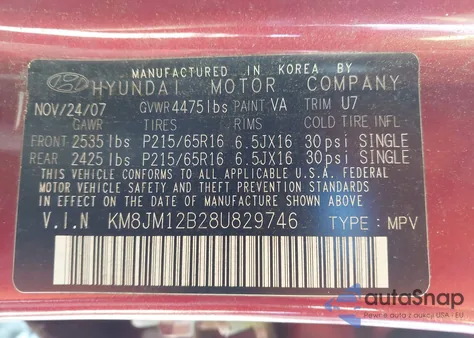 2008 Hyundai Tucson Gls из США, поврежденный, VIN KM8JM12B28U829746